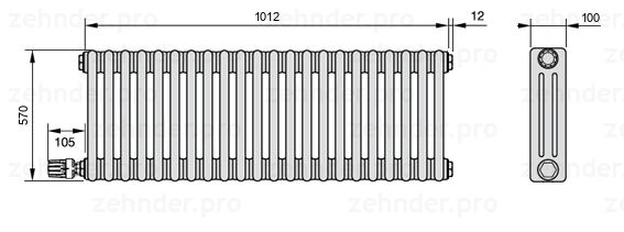 Схема (чертеж) Радиатор Zehnder Charleston 3057/22 №V003 Technoline TL